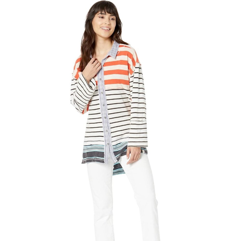 Free People We The Free School House Stripe Oversized Button Up Top SZ XS